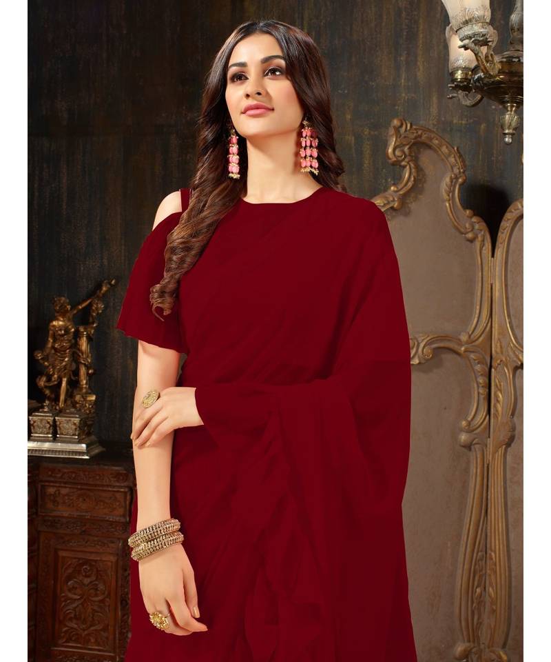 Maroon Plain Georgette saree with blouse