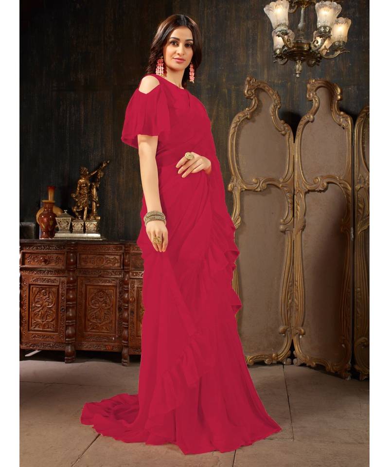 Magenta Plain Georgette saree with blouse