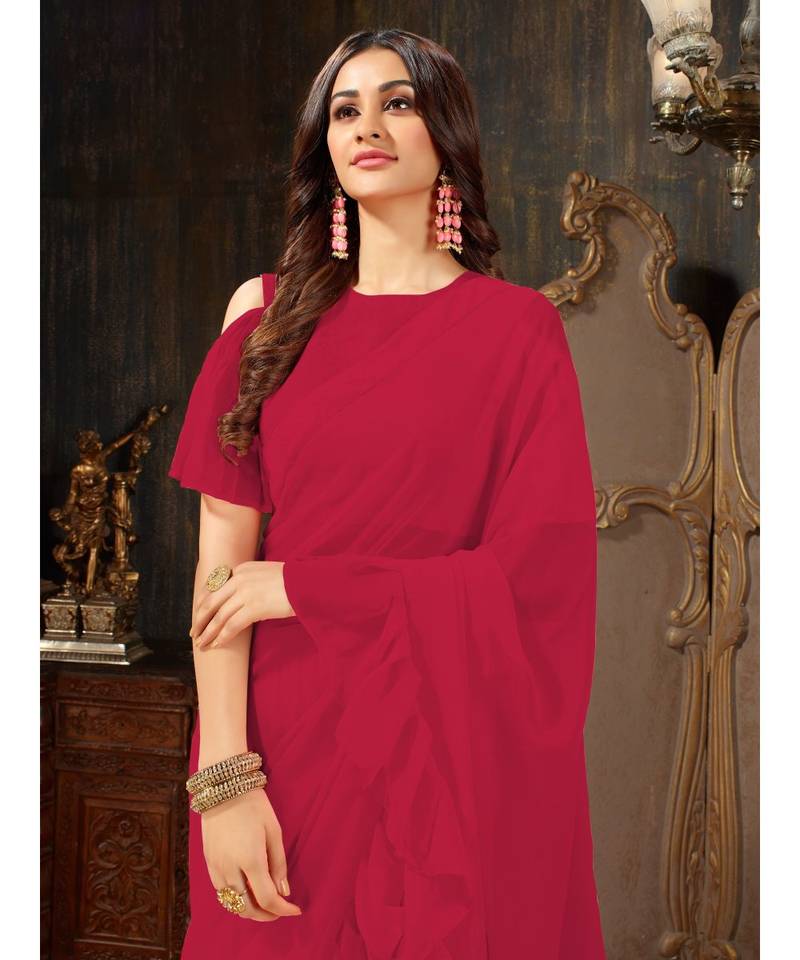 Magenta Plain Georgette saree with blouse