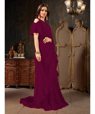 purple Plain Georgette saree with blouse 4