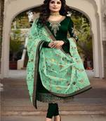 Green embroidered satin georgette semi stitched salwar with dupatta