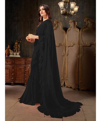 Black Plain Georgette saree with blouse 2