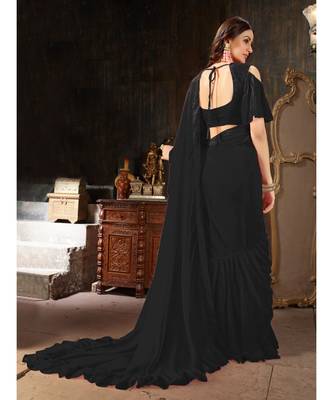 Black Plain Georgette saree with blouse 3