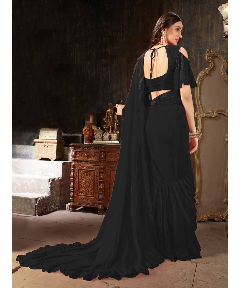 Black Plain Georgette saree with blouse