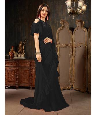 Black Plain Georgette saree with blouse 4
