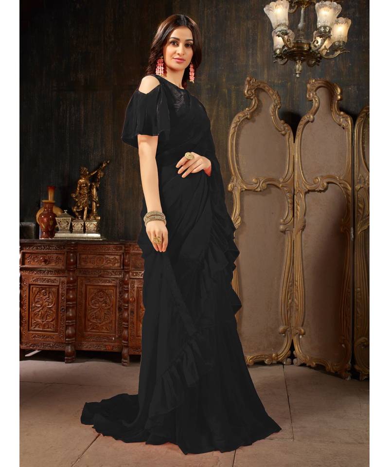 Black Plain Georgette saree with blouse