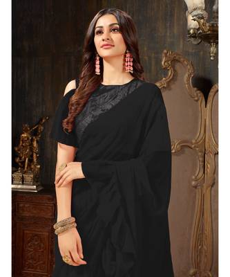 Black Plain Georgette saree with blouse 5
