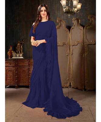 blue Plain Georgette saree with blouse 1
