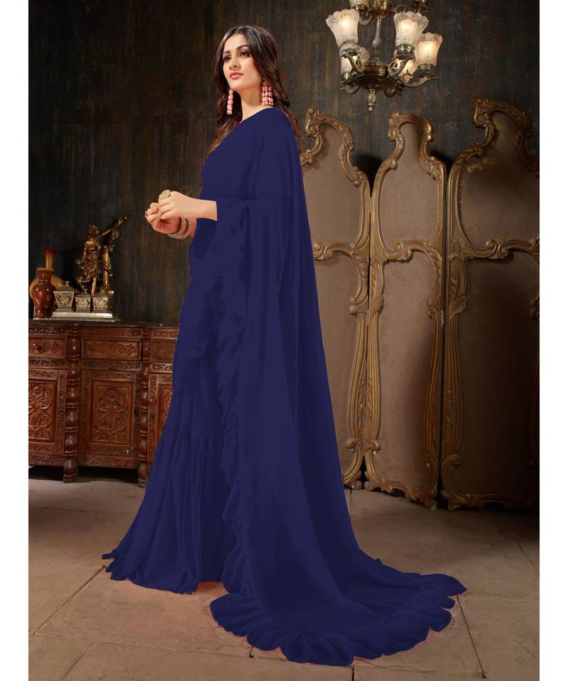 blue Plain Georgette saree with blouse