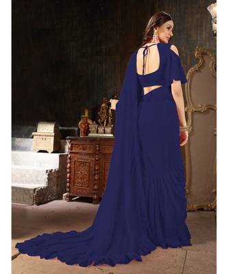 blue Plain Georgette saree with blouse 3