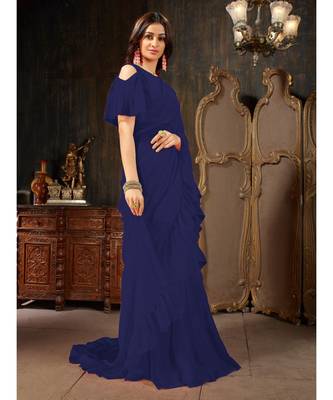 blue Plain Georgette saree with blouse 4