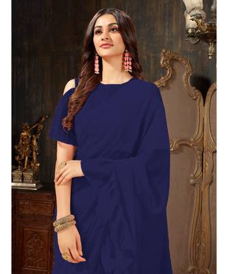 blue Plain Georgette saree with blouse 5