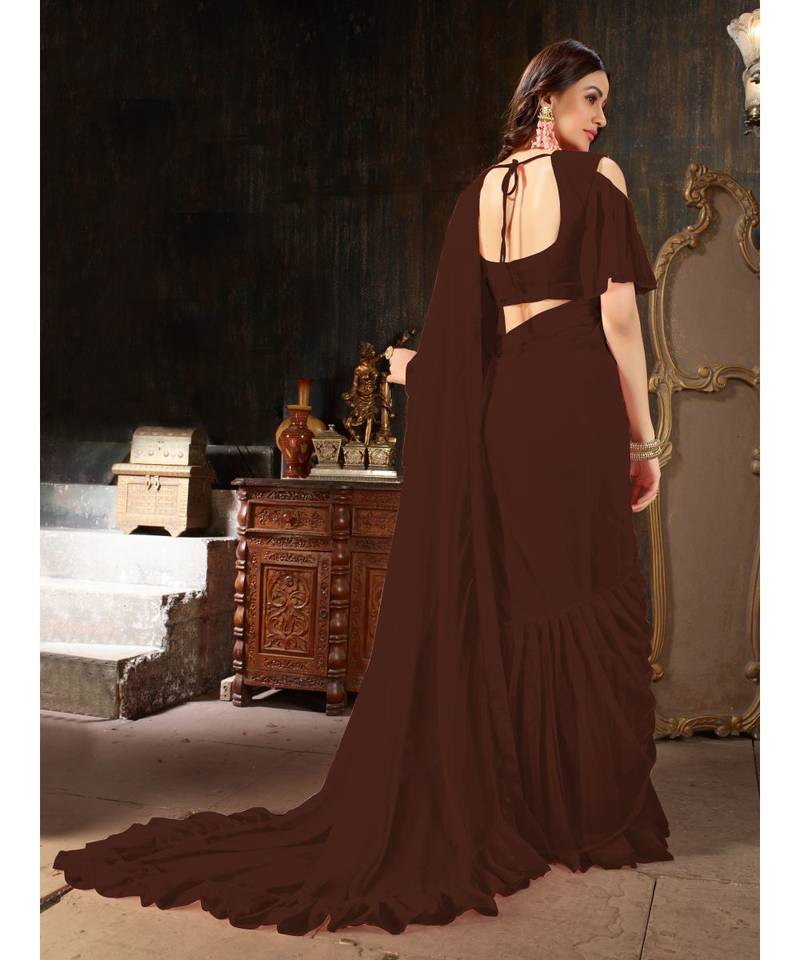 Brown Plain Georgette saree with blouse