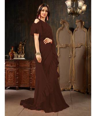 Brown Plain Georgette saree with blouse 4