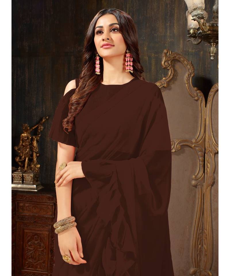 Brown Plain Georgette saree with blouse
