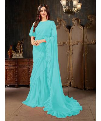 Blue Plain Georgette saree with blouse 1