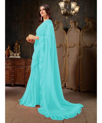 Blue Plain Georgette saree with blouse 2