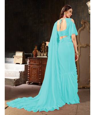 Blue Plain Georgette saree with blouse 3