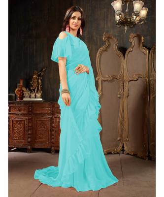 Blue Plain Georgette saree with blouse 4