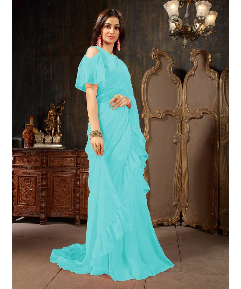 Blue Plain Georgette saree with blouse