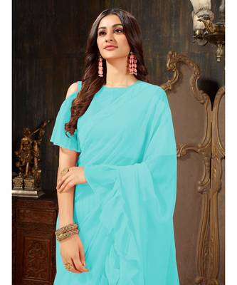 Blue Plain Georgette saree with blouse 5