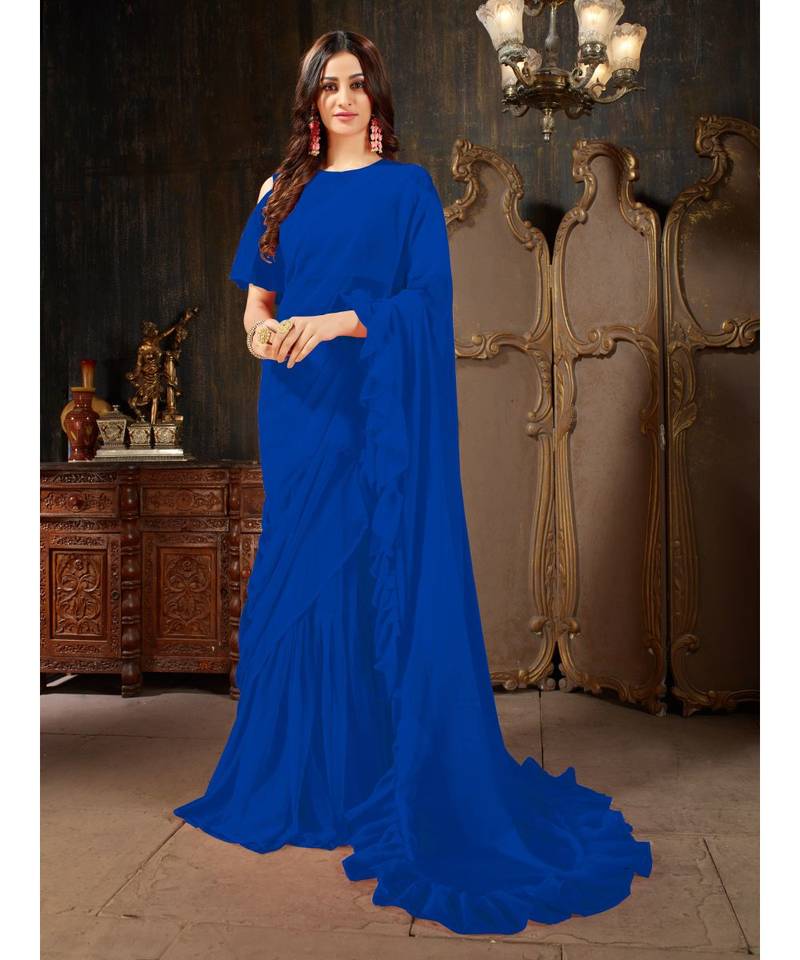 Blue Plain Georgette saree with blouse