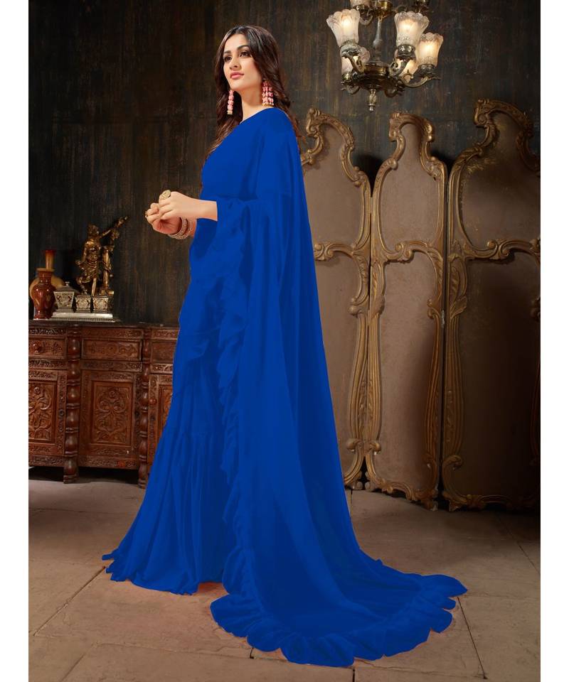 Blue Plain Georgette saree with blouse
