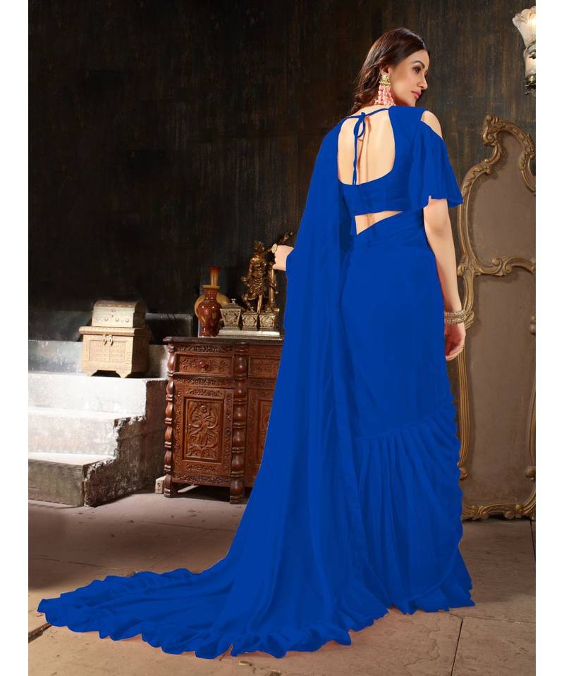 Blue Plain Georgette saree with blouse