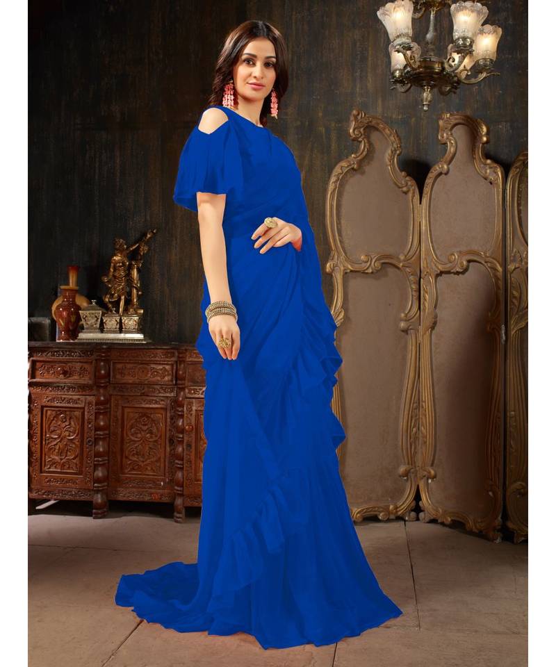 Blue Plain Georgette saree with blouse