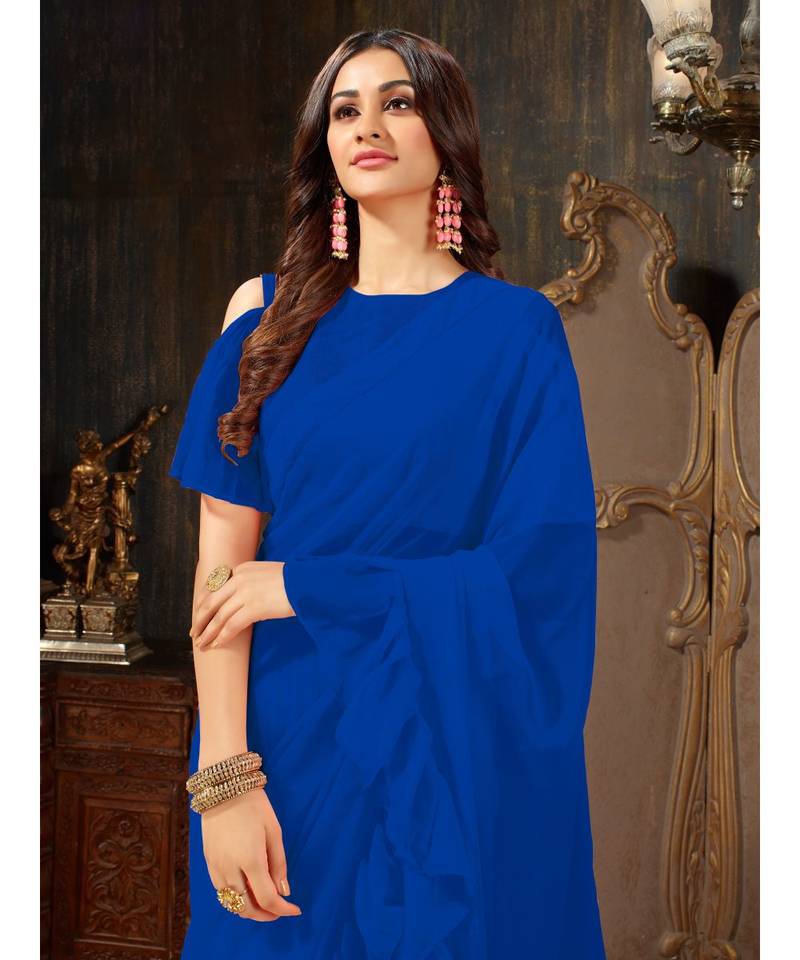 Blue Plain Georgette saree with blouse