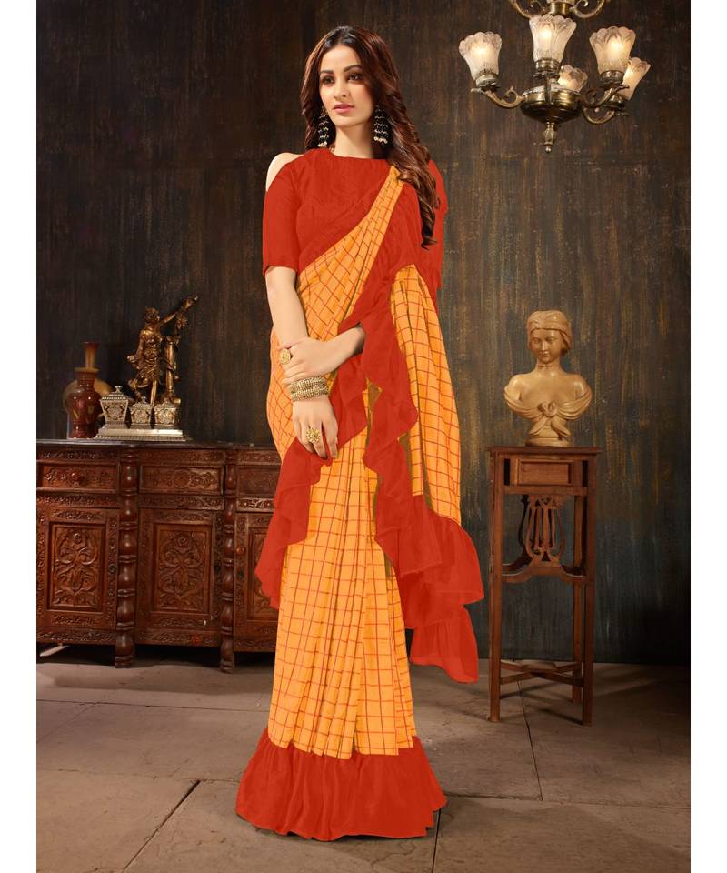Orange embroidered georgette saree with blouse