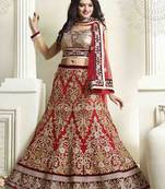 Red embroidered net semi stitched lehenga