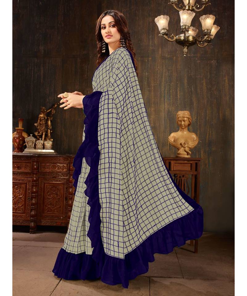 Grey embroidered georgette saree with blouse