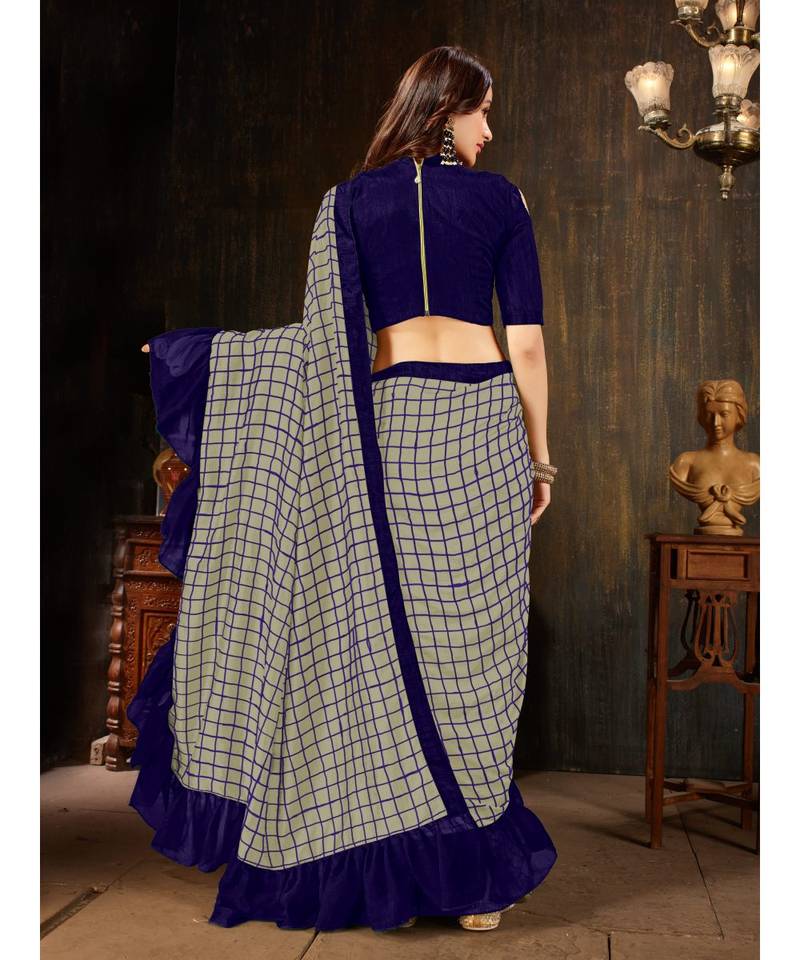 Grey embroidered georgette saree with blouse