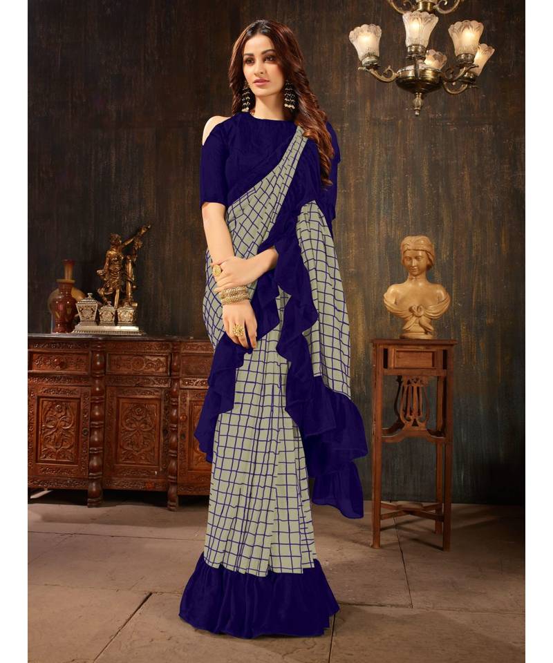 Grey embroidered georgette saree with blouse