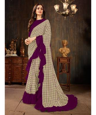 Beige embroidered georgette saree with blouse 1