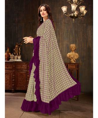 Beige embroidered georgette saree with blouse 2