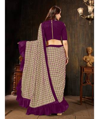 Beige embroidered georgette saree with blouse 3