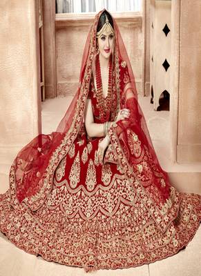 Red embroidered velvet semi stitched lehenga 2