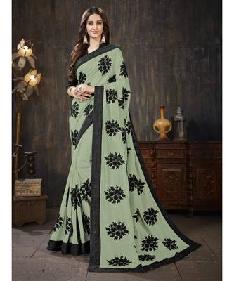 green embroidered georgette saree with blouse 1