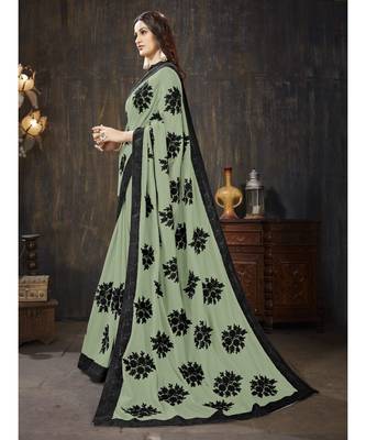 green embroidered georgette saree with blouse 2
