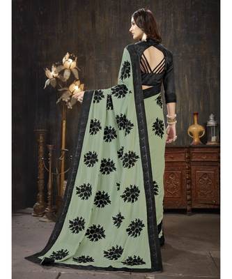 green embroidered georgette saree with blouse 3