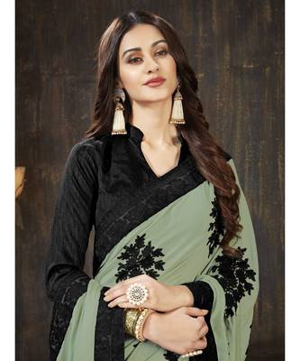 green embroidered georgette saree with blouse 5