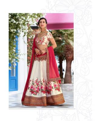 white floral print art silk unstitched lehenga 1