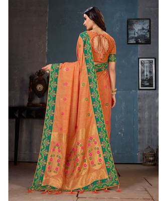 Orange Embroidered Art Silk saree with blouse 3