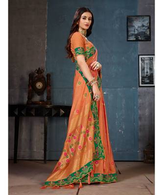 Orange Embroidered Art Silk saree with blouse 4