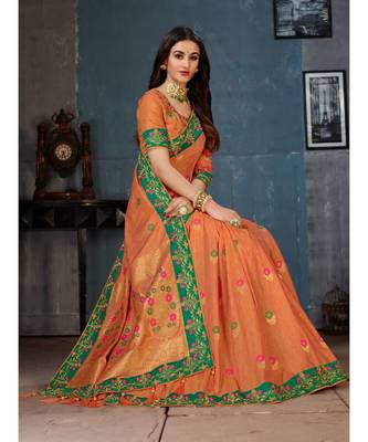 Orange Embroidered Art Silk saree with blouse 5