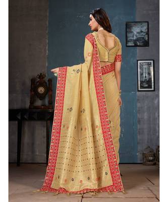 Beige Embroidered Art Silk saree with blouse 3