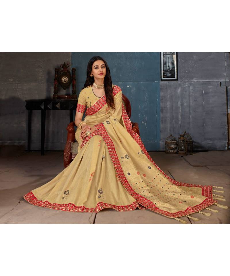 Beige Embroidered Art Silk saree with blouse
