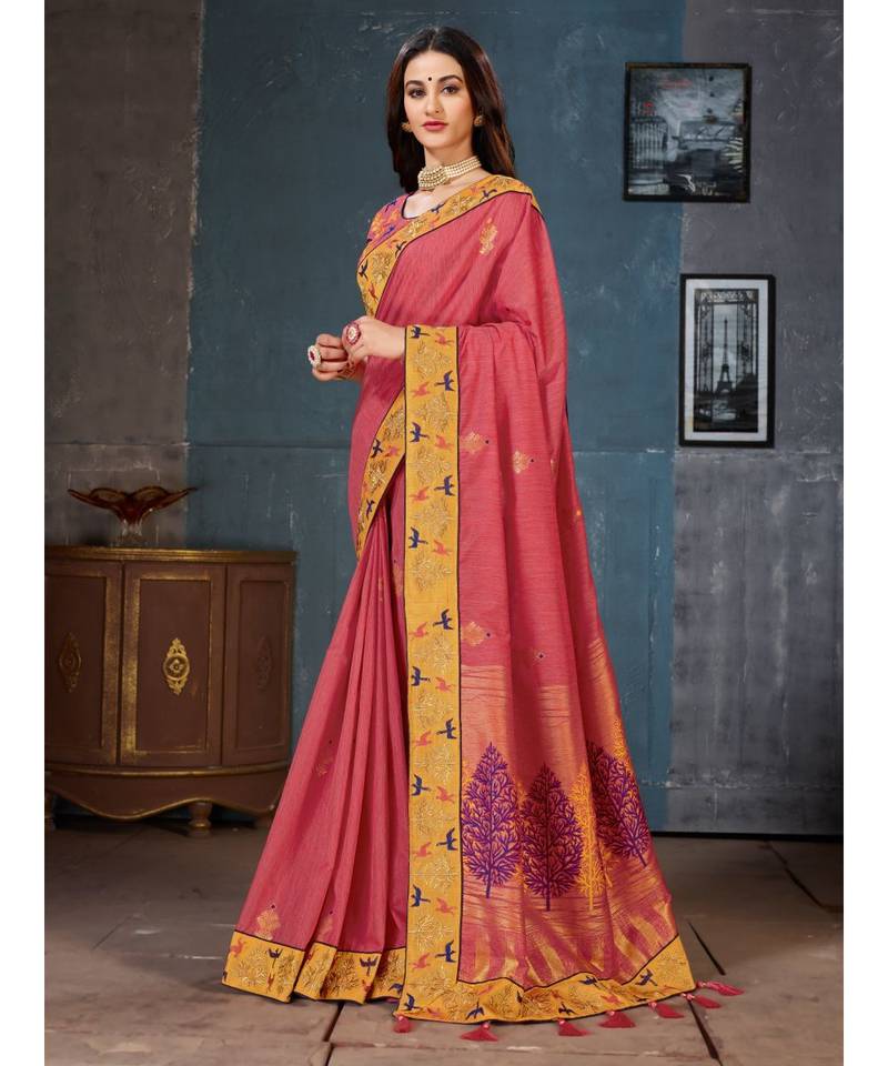 Pink Embroidered Art Silk saree with blouse